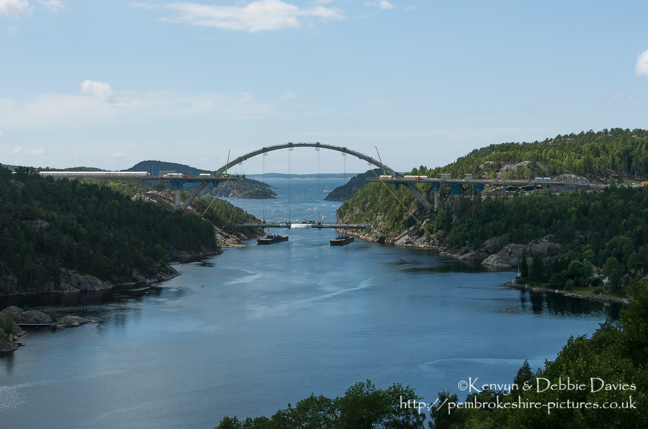 Svinesund Bridge part way through completion in 2004. Built to span the Svinesund sound seperating Stromstad in Sweden and Halden in Norway